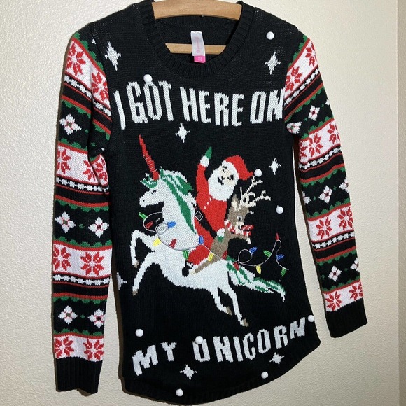 Ugly Christmas Sweater Size S Black/multicolored Sleeves Preowned Unicorn Santa - Picture 7 of 8